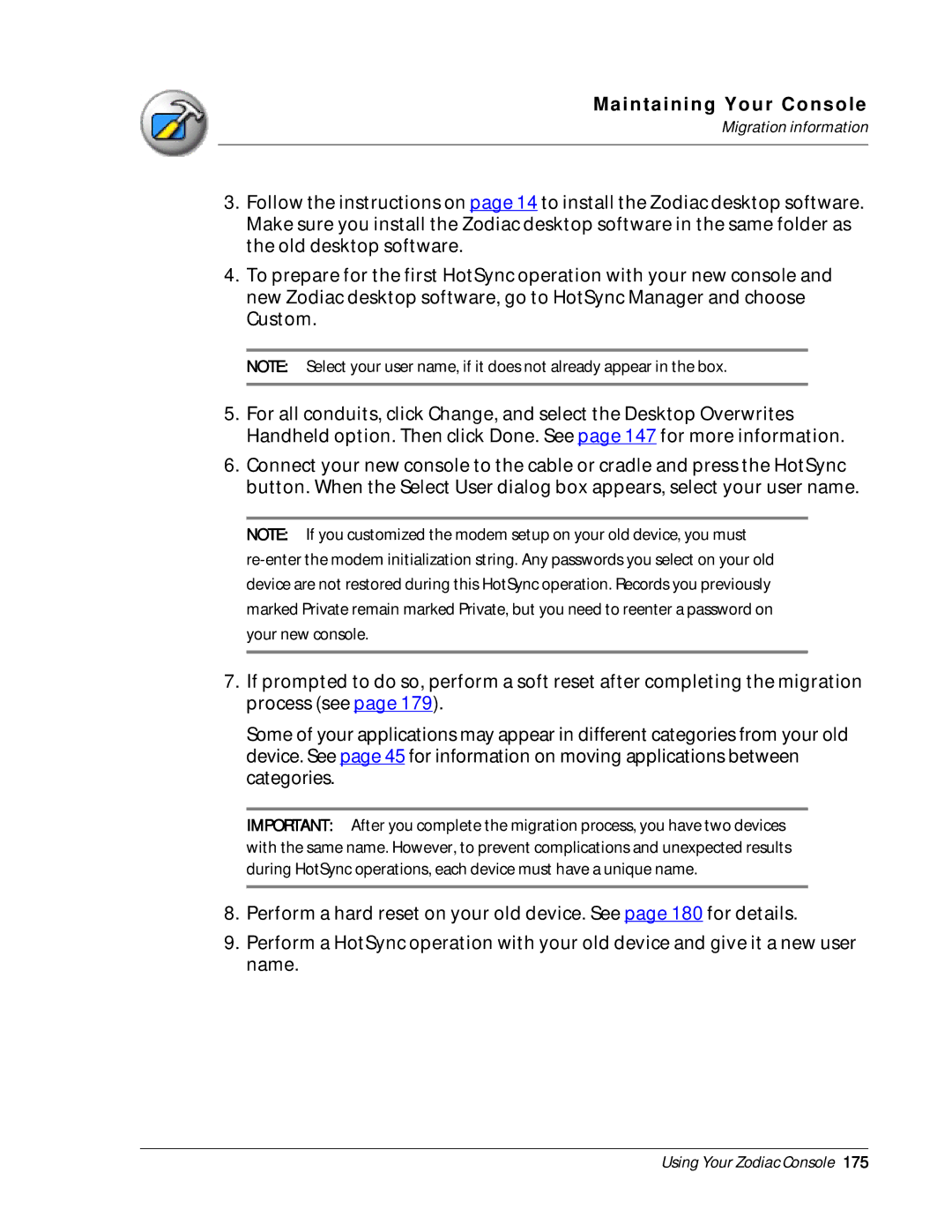 Palm Zodiac manual Maintaining Your Console, Migration information 