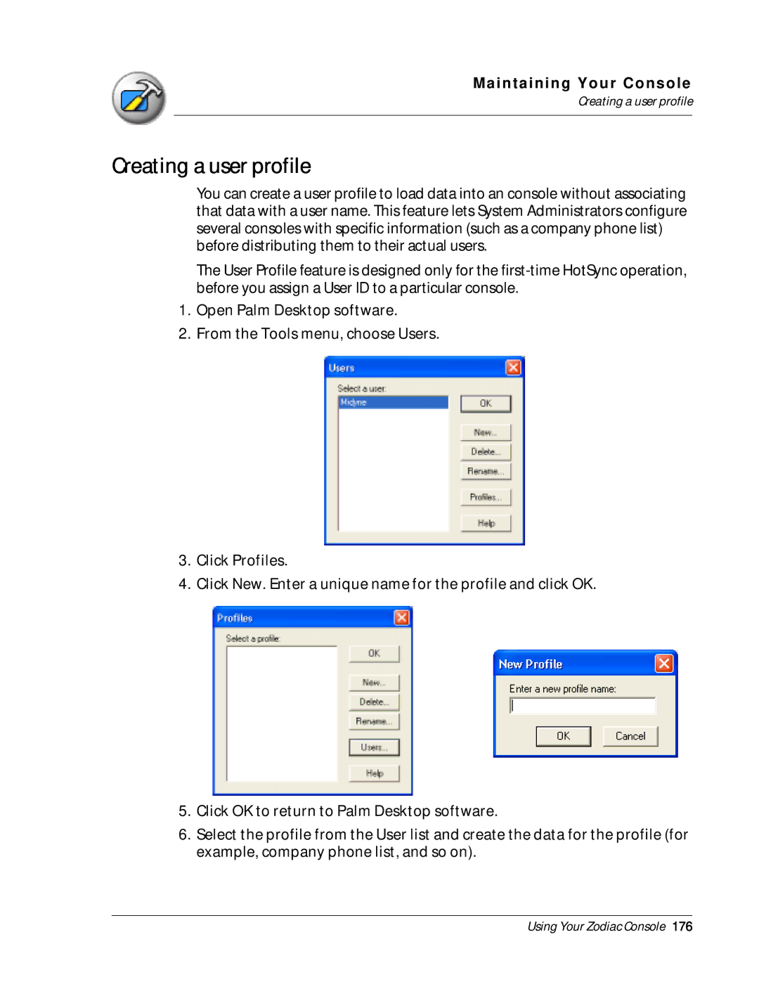 Palm Zodiac manual Creating a user profile 