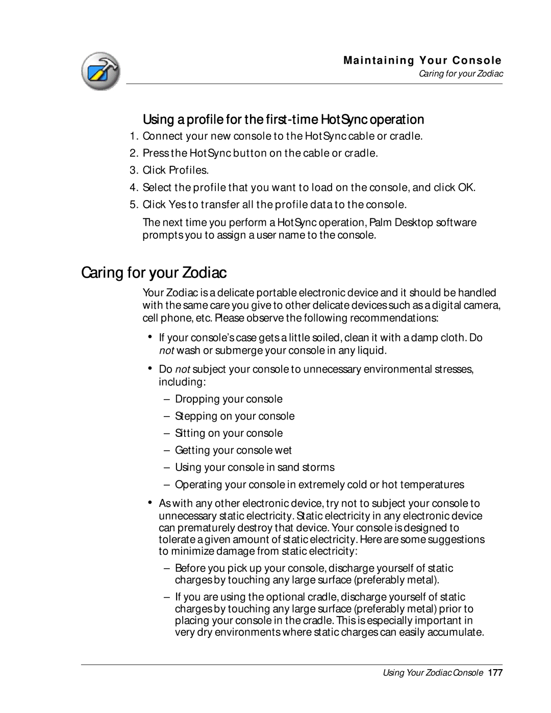 Palm manual Caring for your Zodiac, Using a profile for the first-time HotSync operation 