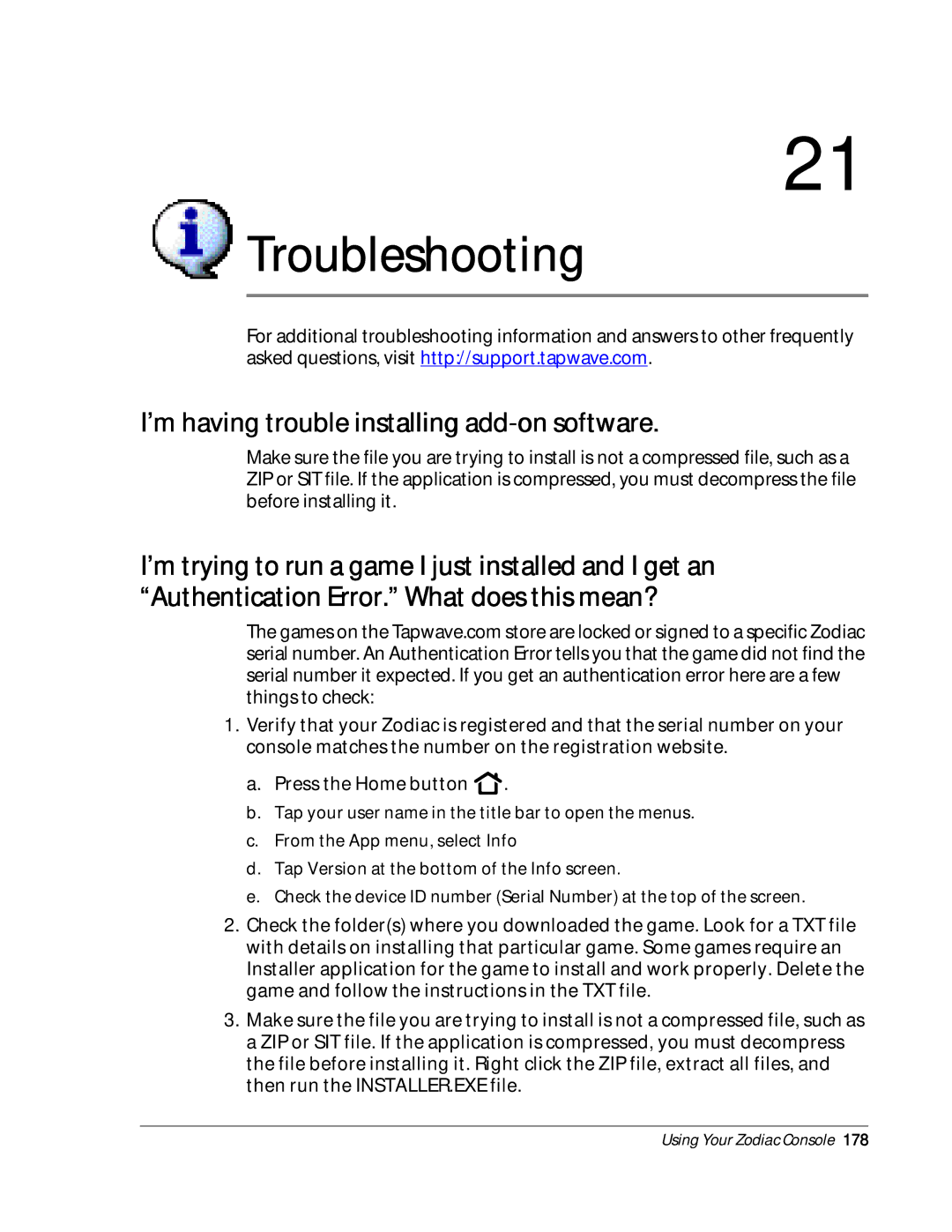 Palm Zodiac manual Troubleshooting, ’m having trouble installing add-on software 