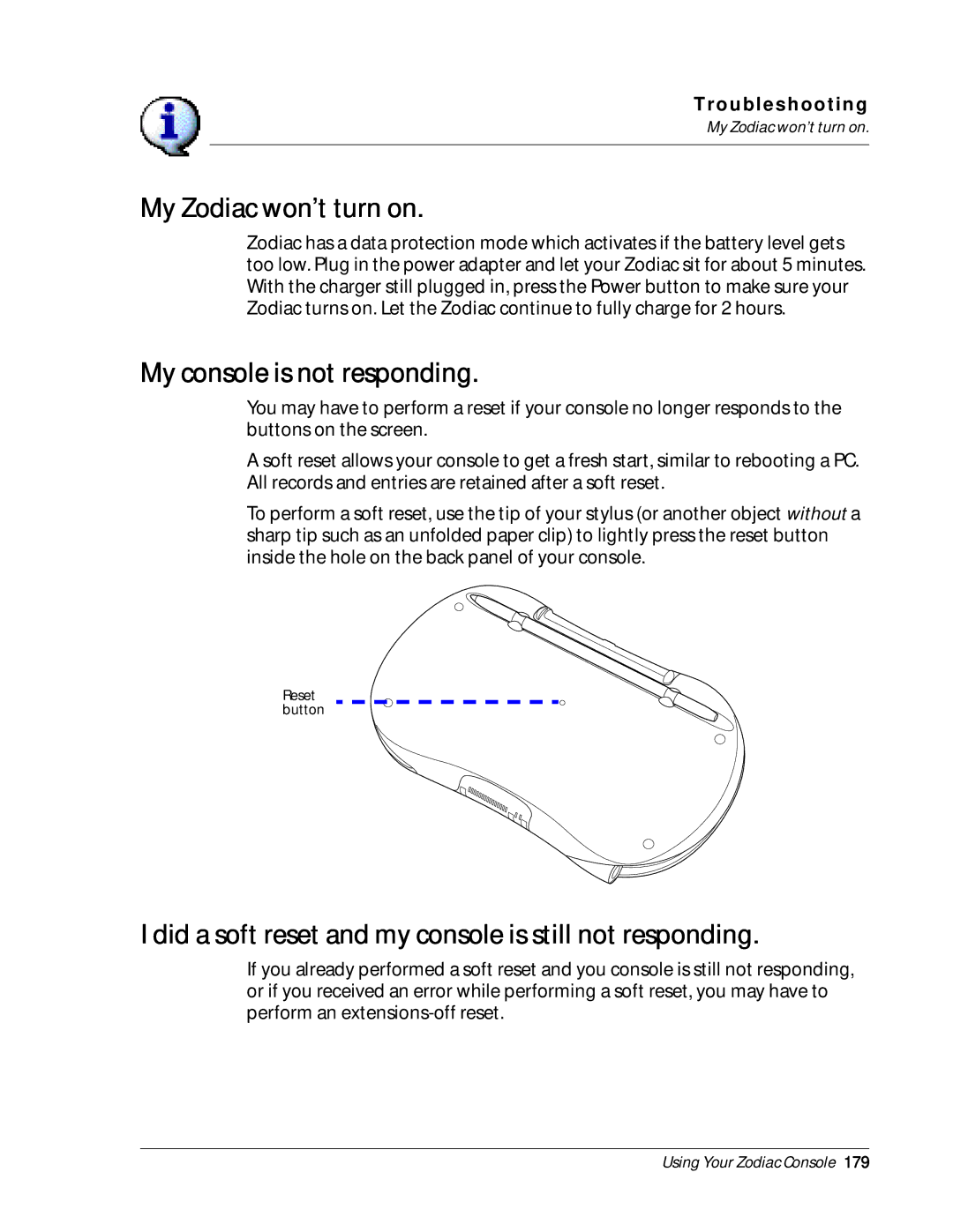 Palm manual My Zodiac won’t turn on, My console is not responding 