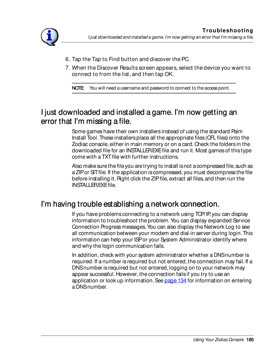 Palm Zodiac manual ’m having trouble establishing a network connection 