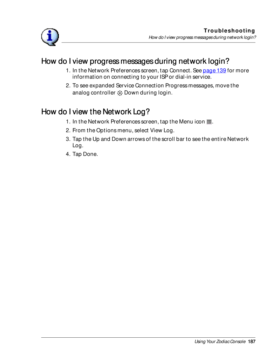 Palm Zodiac manual How do I view the Network Log?, How do I view progress messages during network login? 