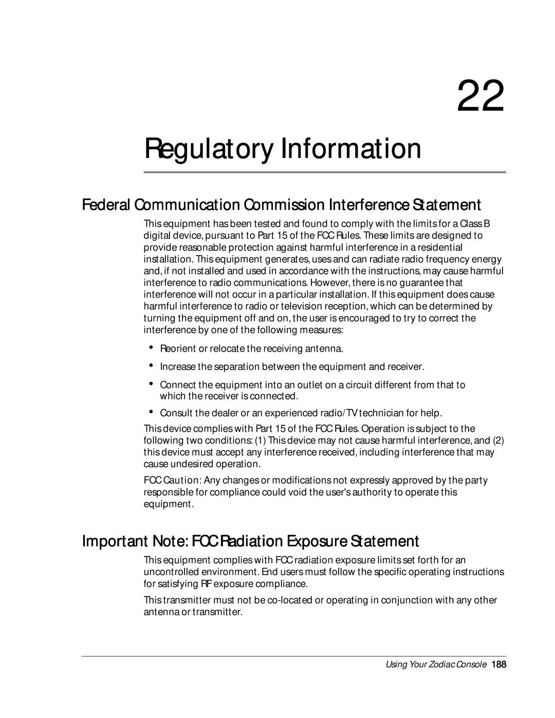 Palm Zodiac manual Regulatory Information, Important Note FCC Radiation Exposure Statement 