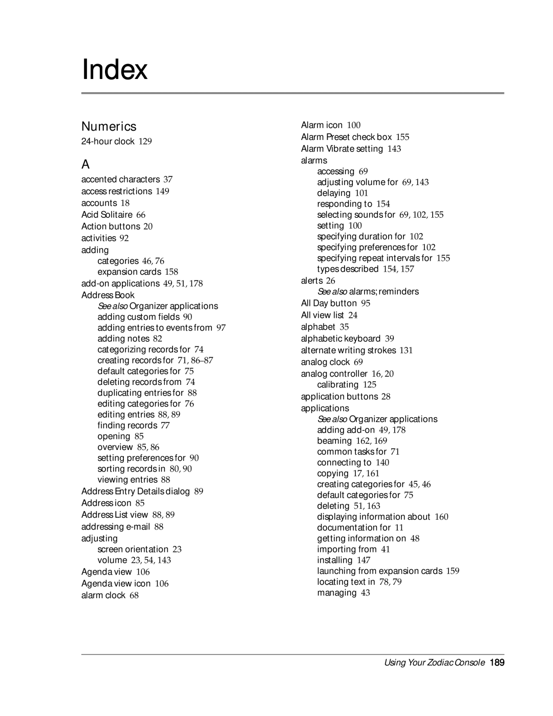 Palm Zodiac manual Index, Numerics 