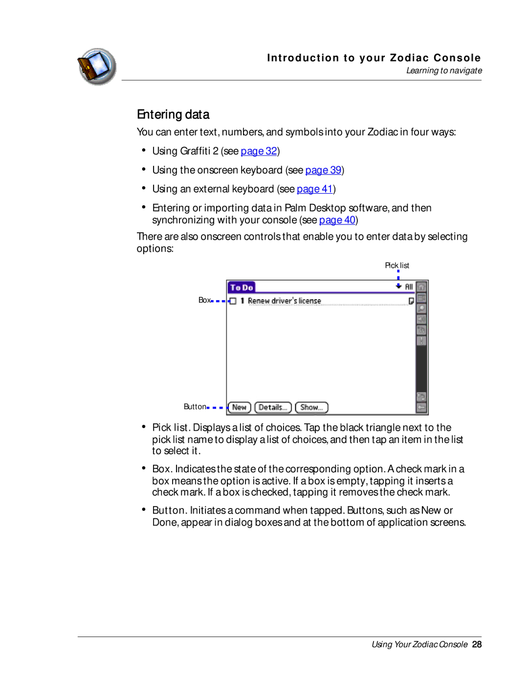 Palm Zodiac manual Entering data 