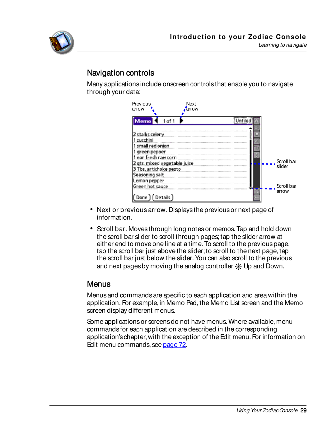 Palm Zodiac manual Navigation controls, Menus 