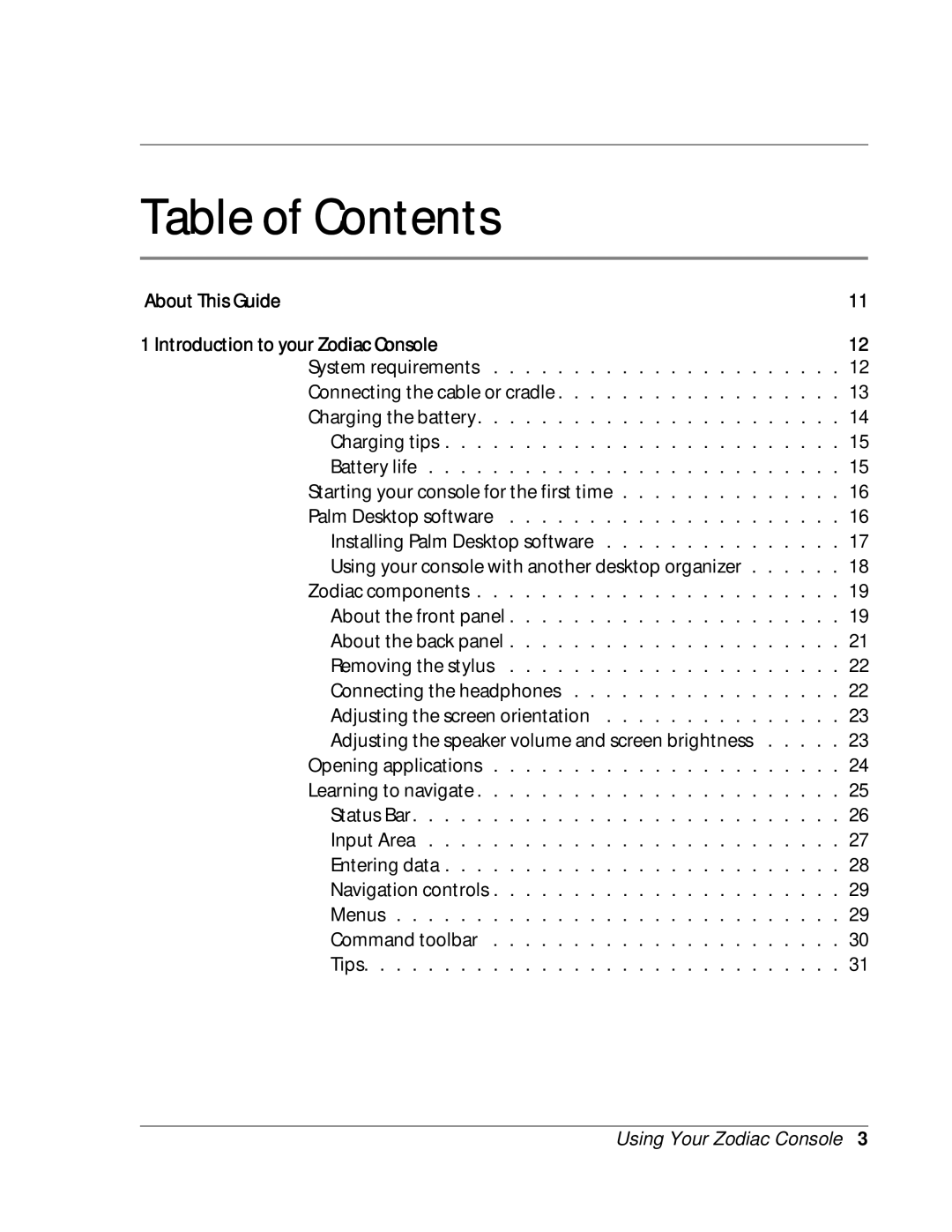 Palm Zodiac manual Table of Contents 