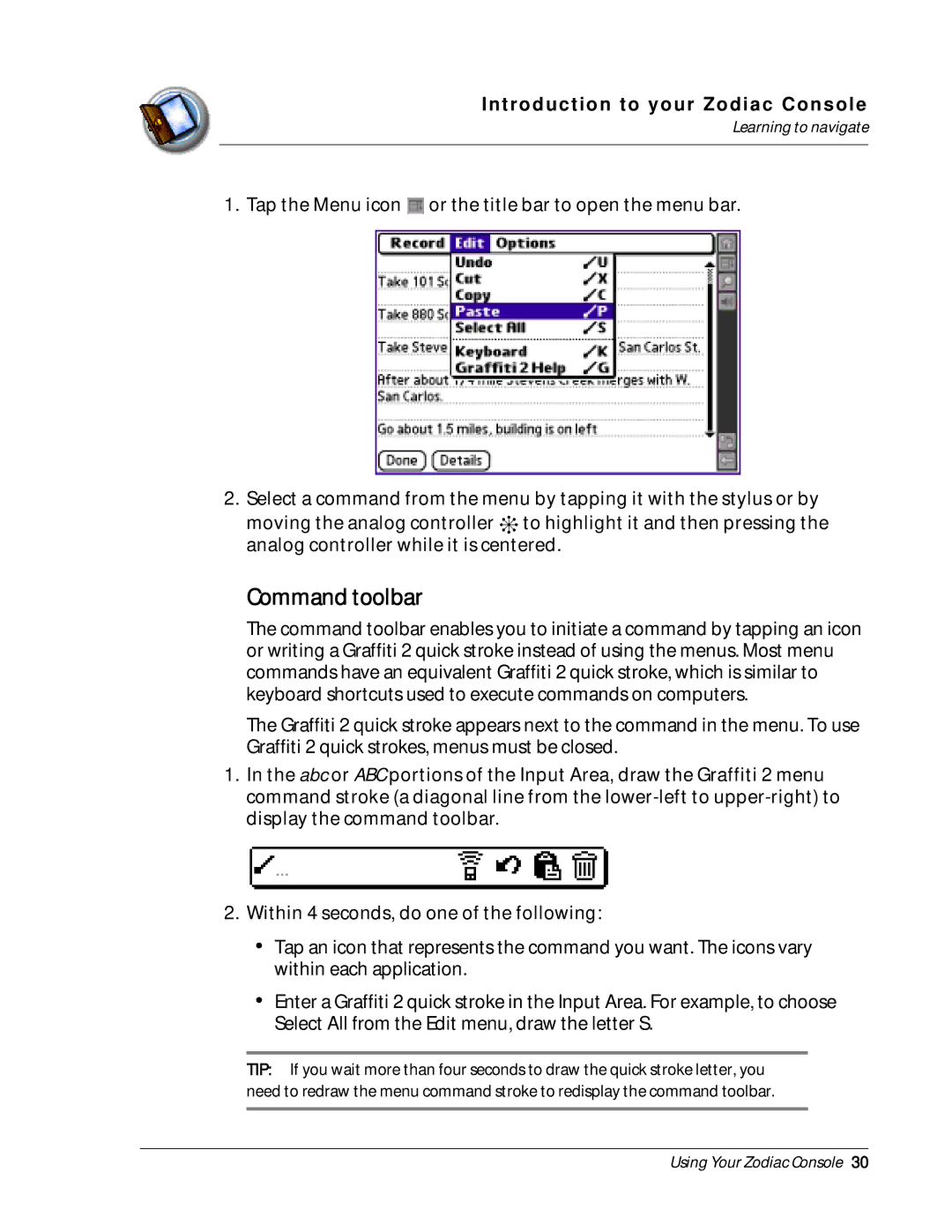 Palm Zodiac manual Command toolbar 