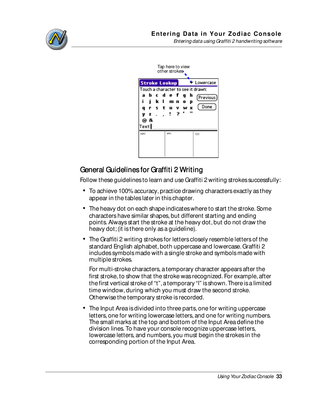 Palm Zodiac manual General Guidelines for Graffiti 2 Writing, Entering data using Graffiti 2 handwriting software 