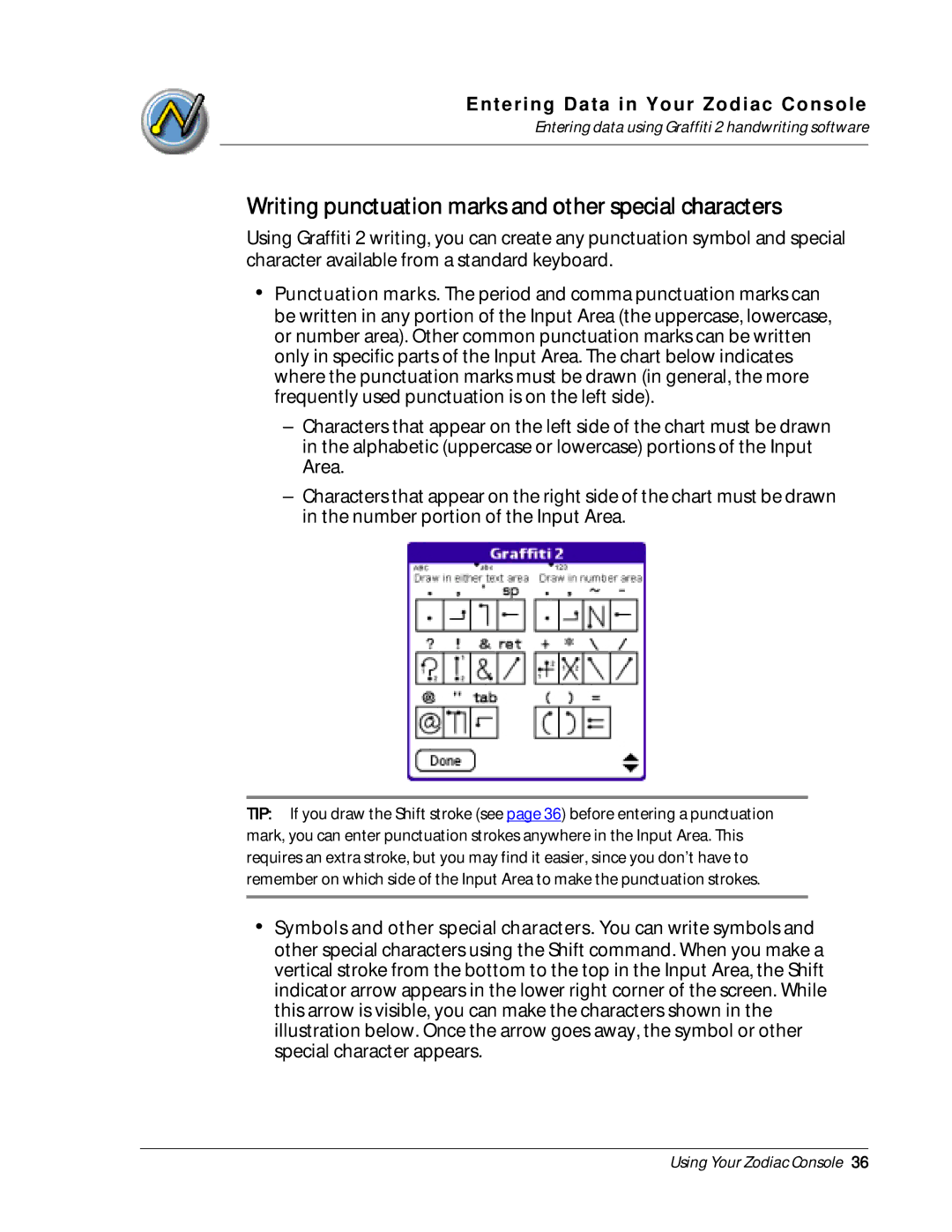 Palm Zodiac manual Writing punctuation marks and other special characters 