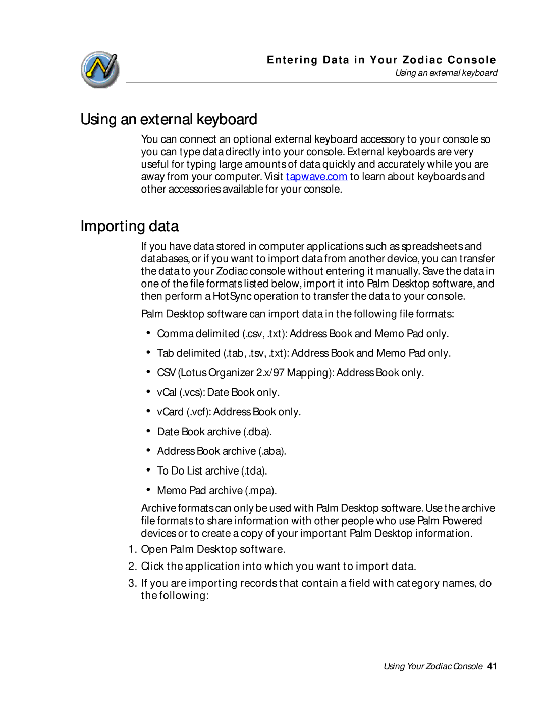 Palm Zodiac manual Using an external keyboard Importing data 