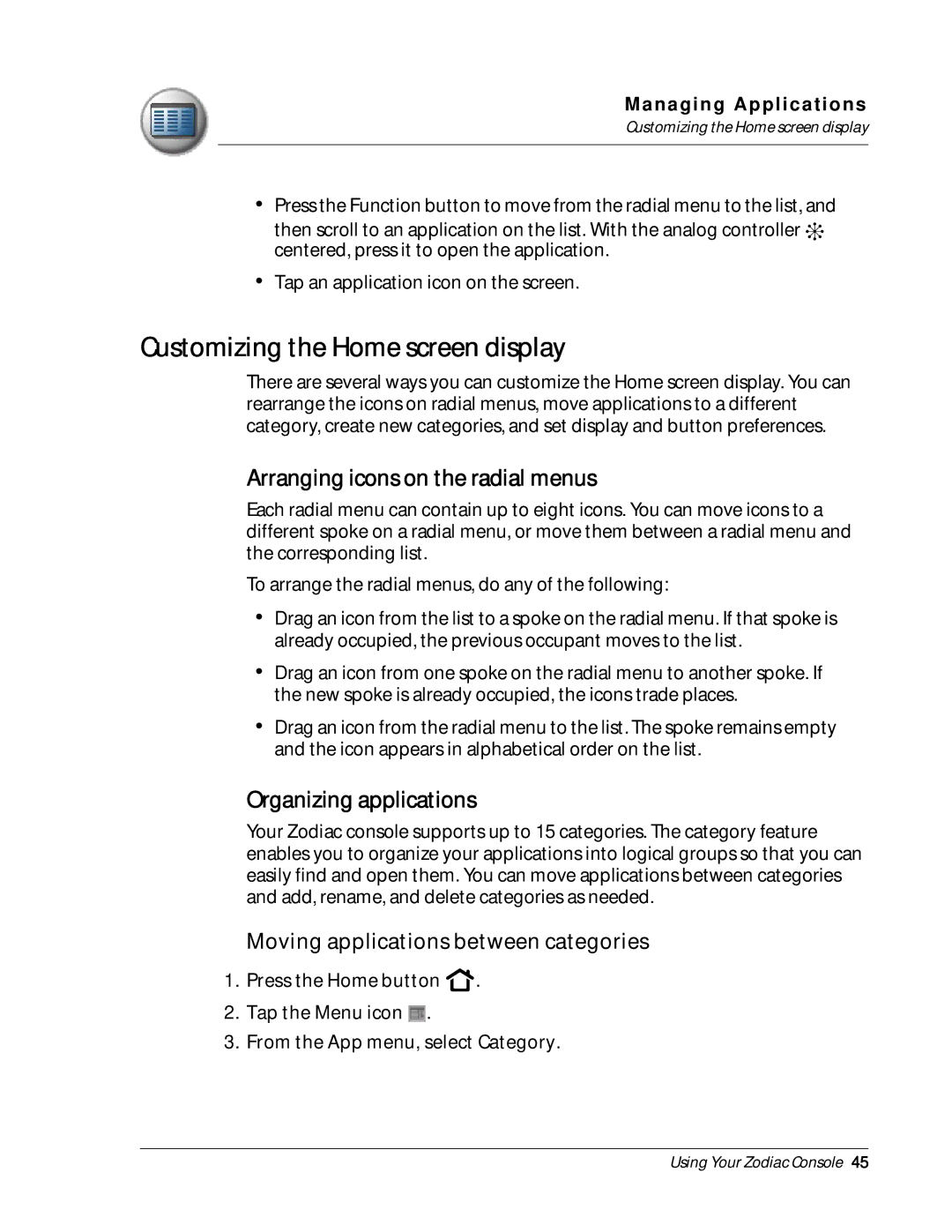 Palm Zodiac manual Customizing the Home screen display, Arranging icons on the radial menus, Organizing applications 