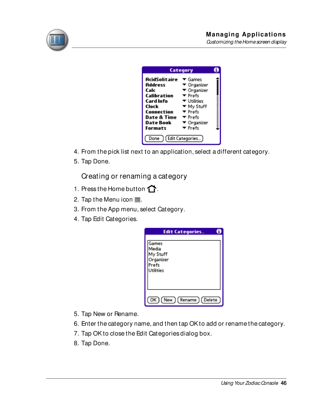 Palm Zodiac manual Creating or renaming a category 