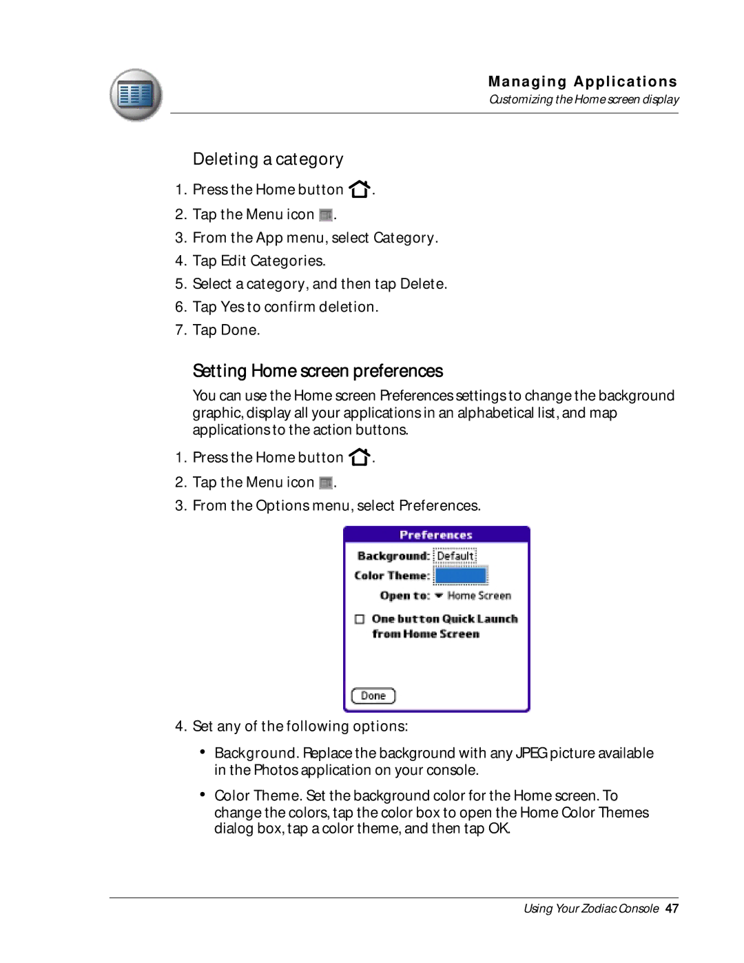 Palm Zodiac manual Setting Home screen preferences, Deleting a category 