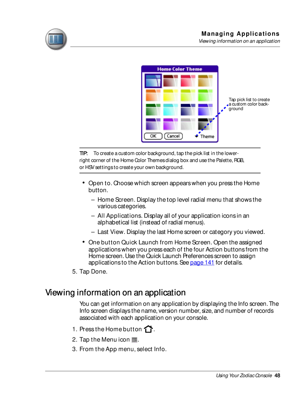 Palm Zodiac manual Viewing information on an application 