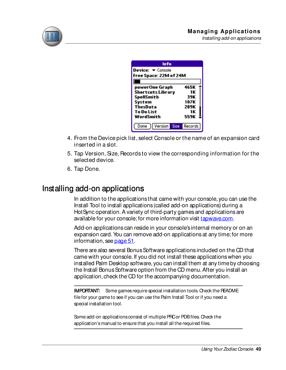 Palm Zodiac manual Installing add-on applications 