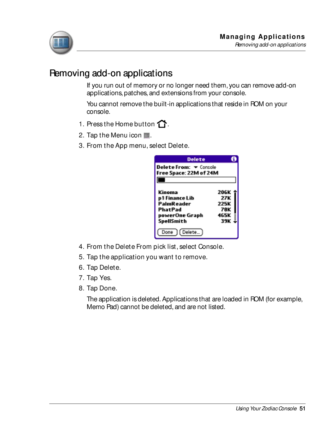 Palm Zodiac manual Removing add-on applications 