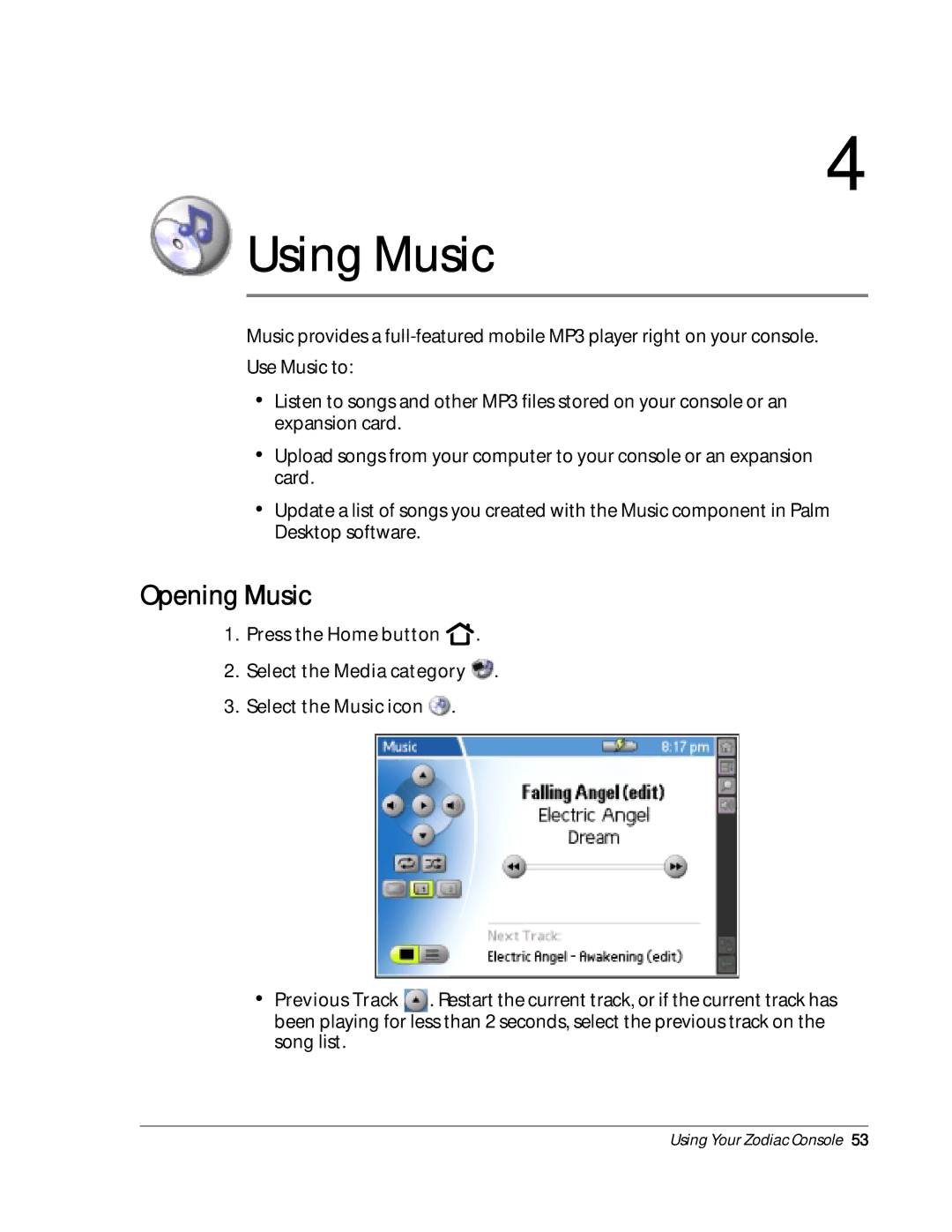 Palm Zodiac manual Using Music, Opening Music 