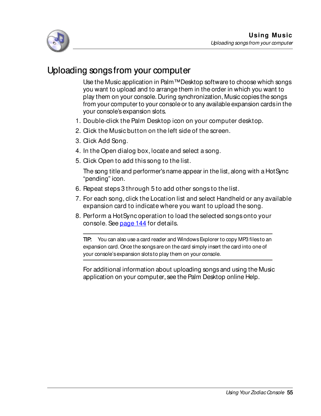 Palm Zodiac manual Uploading songs from your computer 