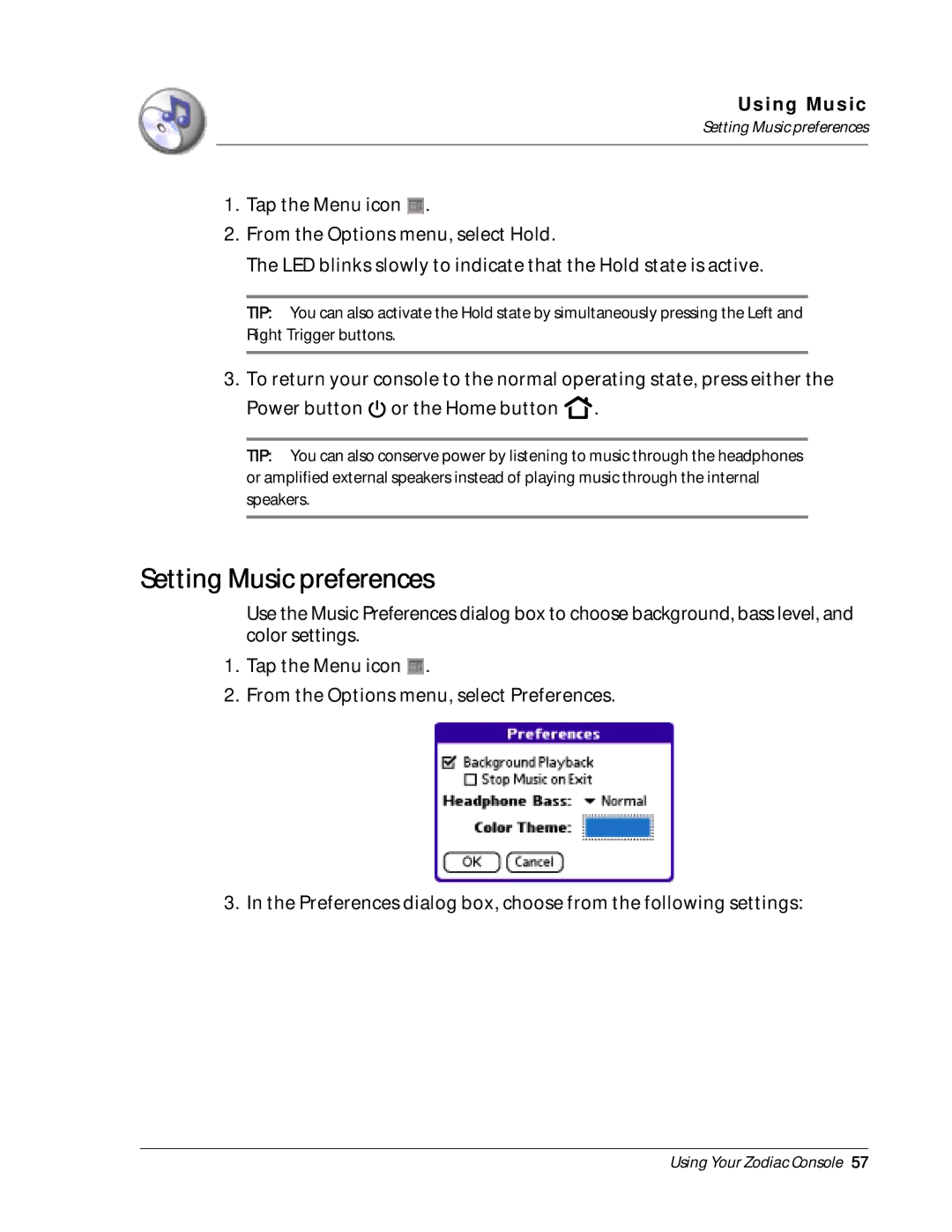 Palm Zodiac manual Setting Music preferences 