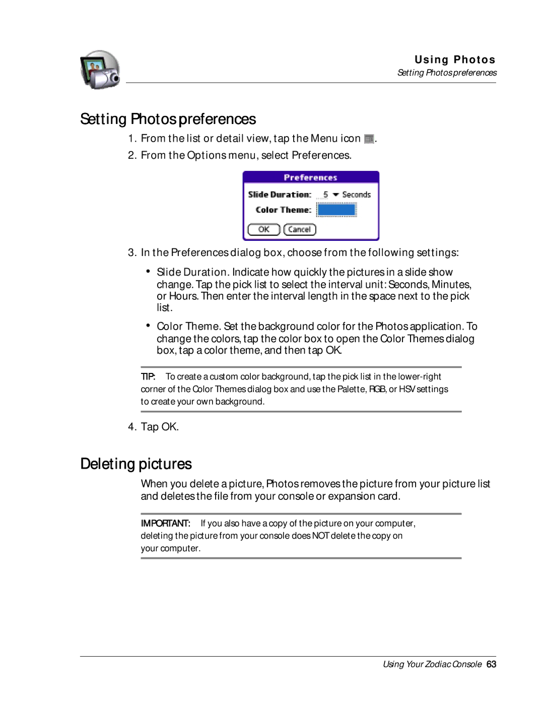 Palm Zodiac manual Setting Photos preferences, Deleting pictures 