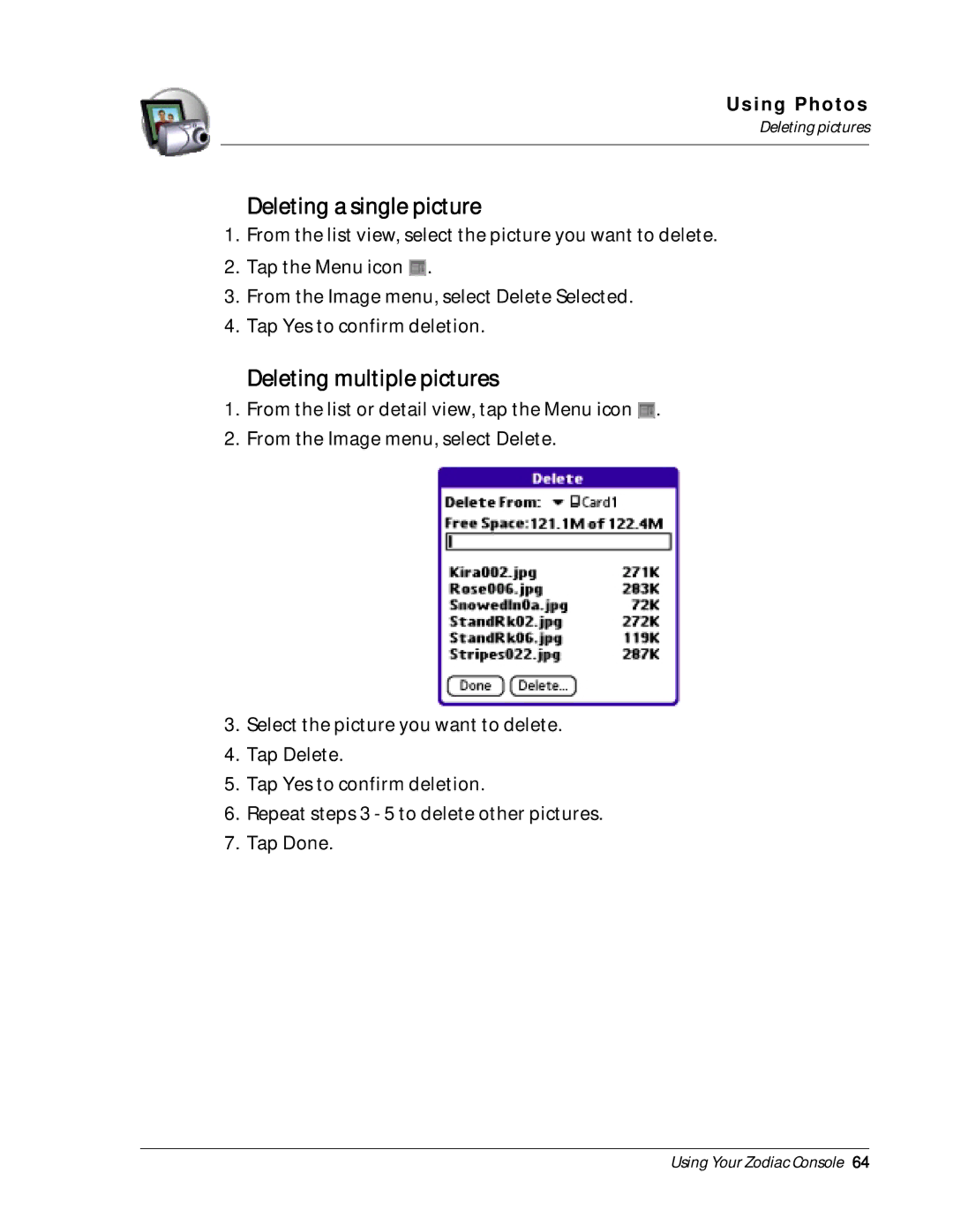 Palm Zodiac manual Deleting a single picture, Deleting multiple pictures, Deleting pictures 