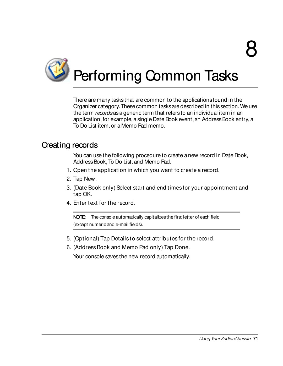 Palm Zodiac manual Performing Common Tasks, Creating records 