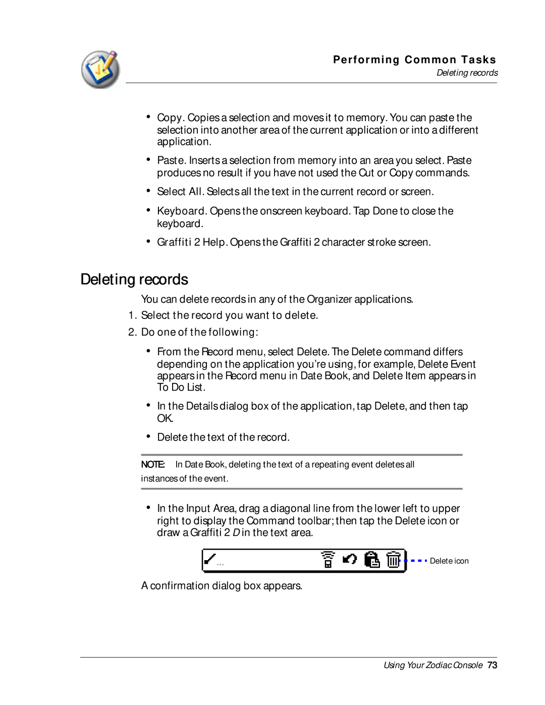 Palm Zodiac manual Deleting records 