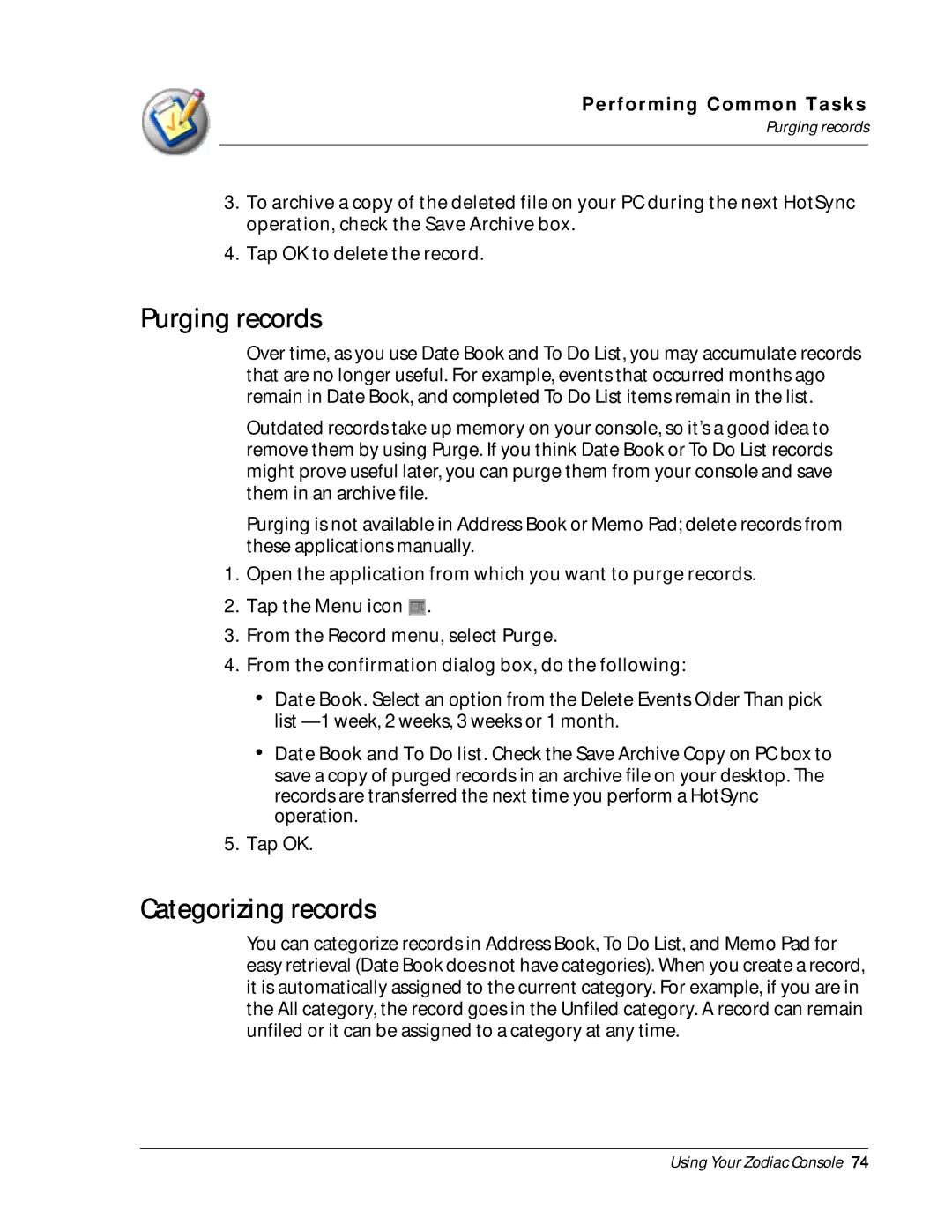 Palm Zodiac manual Purging records, Categorizing records 