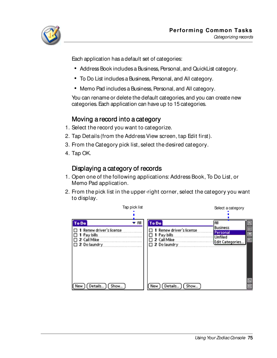 Palm Zodiac manual Moving a record into a category, Displaying a category of records, Categorizing records 