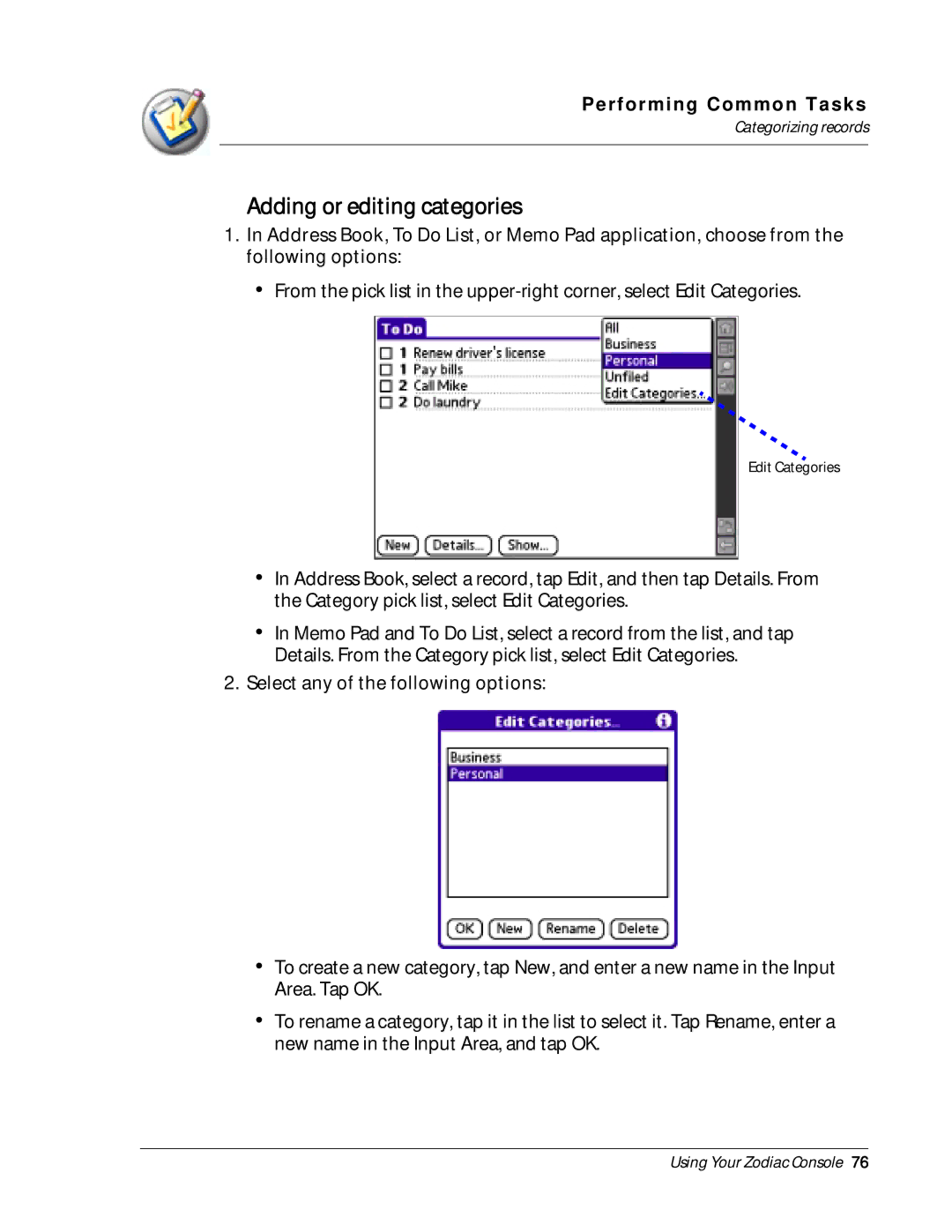 Palm Zodiac manual Adding or editing categories 