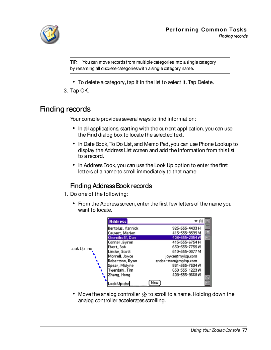 Palm Zodiac manual Finding records, Finding Address Book records 