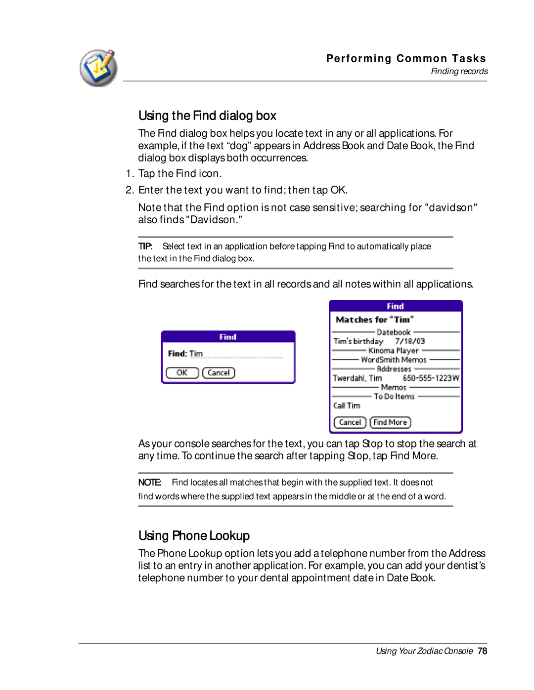 Palm Zodiac manual Using the Find dialog box, Using Phone Lookup 