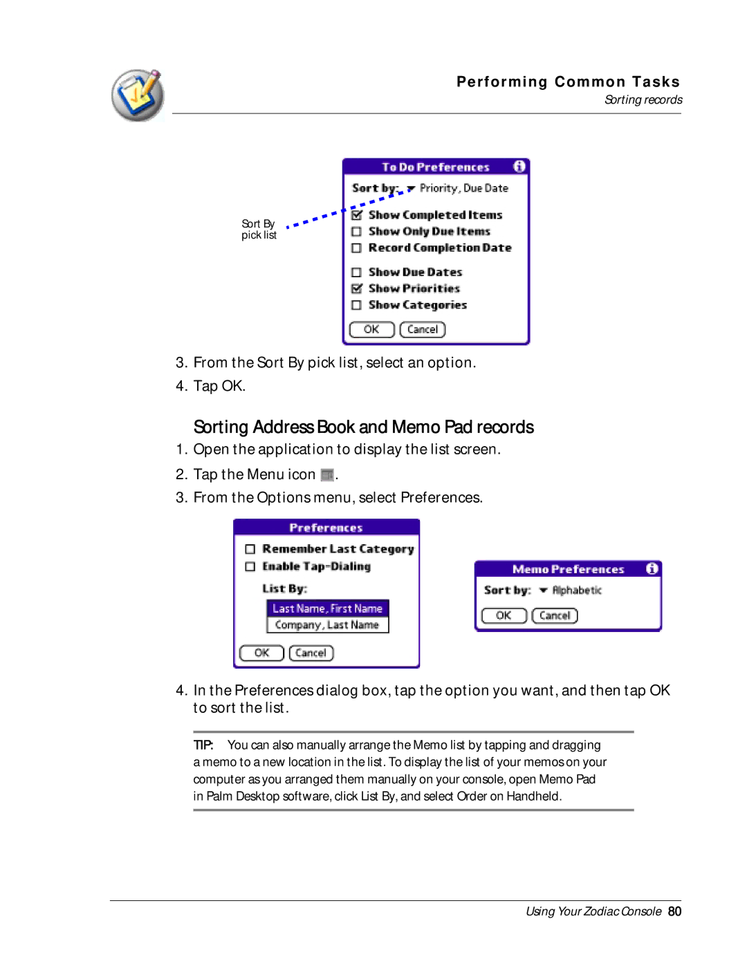 Palm Zodiac manual Sorting Address Book and Memo Pad records 