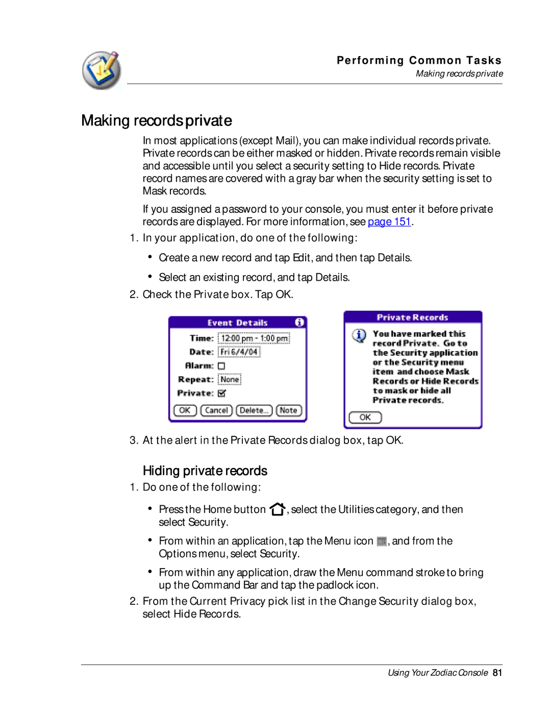 Palm Zodiac manual Making records private, Hiding private records 