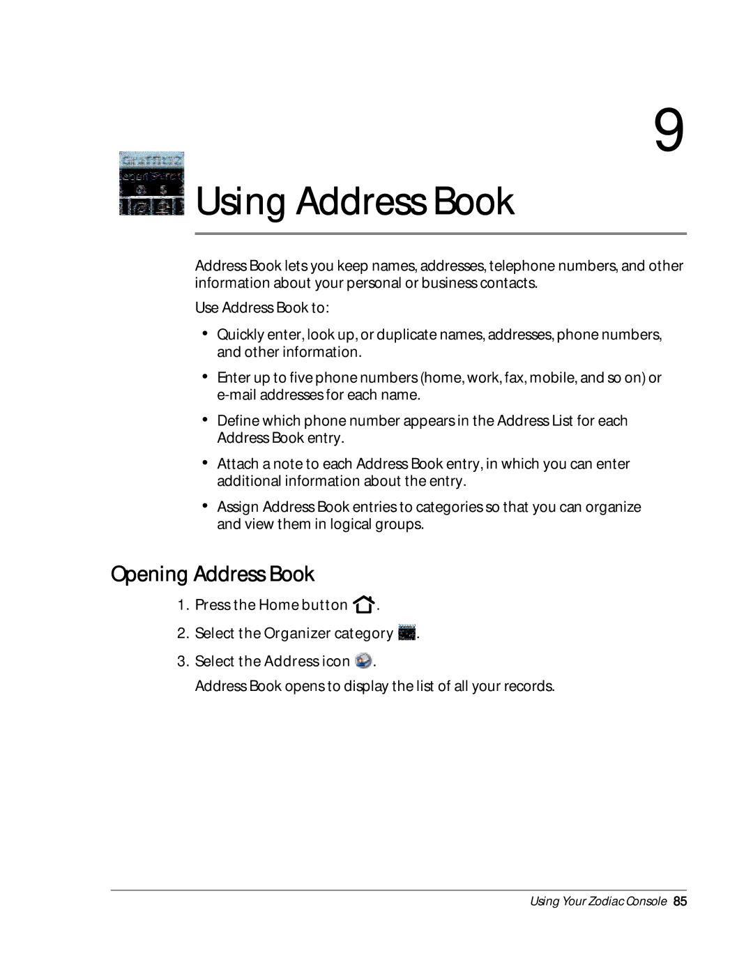 Palm Zodiac manual Using Address Book, Opening Address Book 