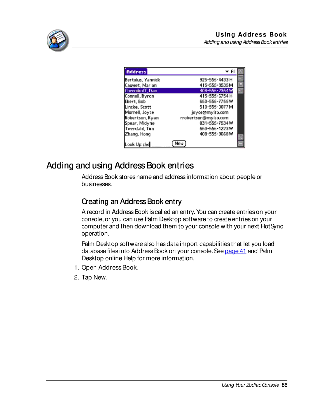 Palm Zodiac manual Adding and using Address Book entries, Creating an Address Book entry 