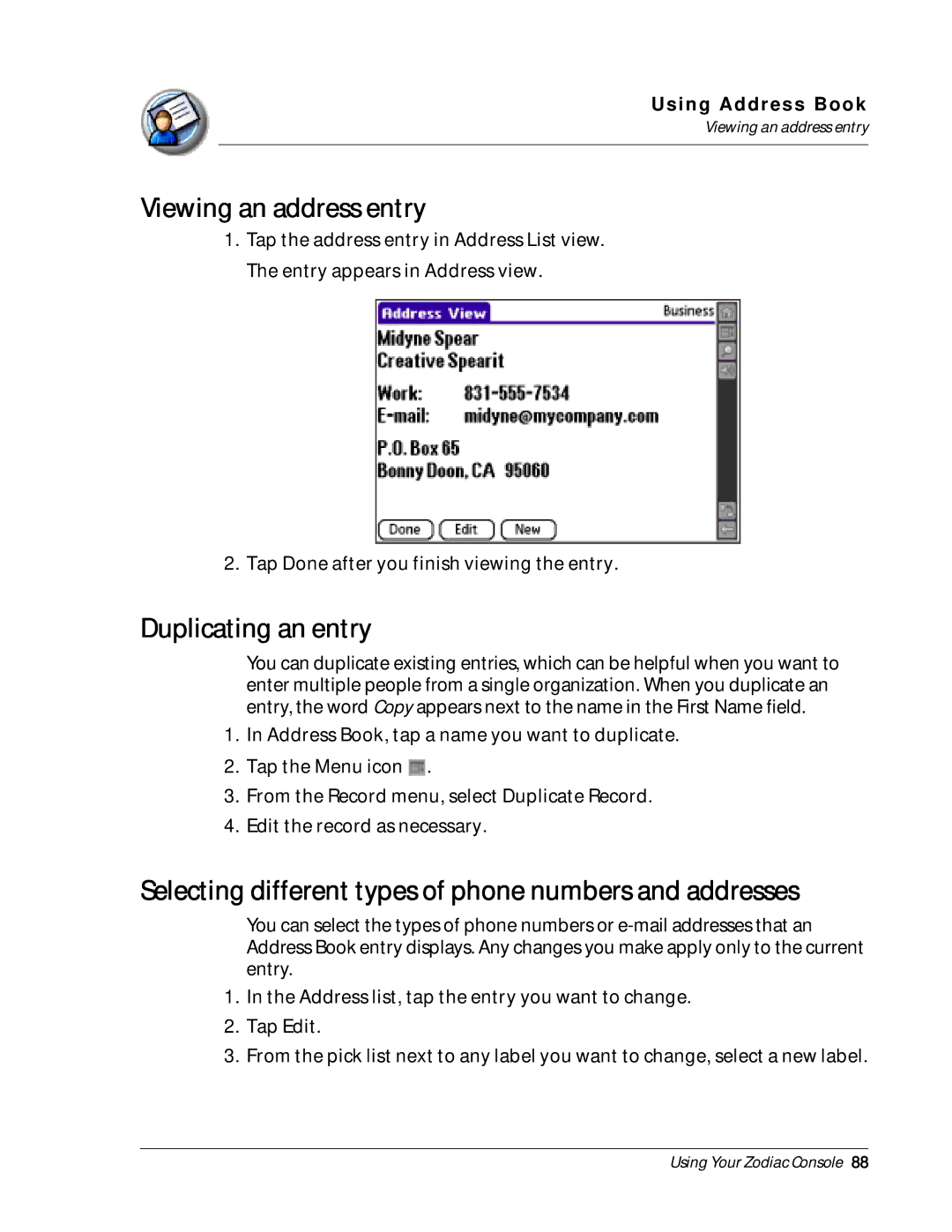 Palm Zodiac manual Viewing an address entry, Duplicating an entry 