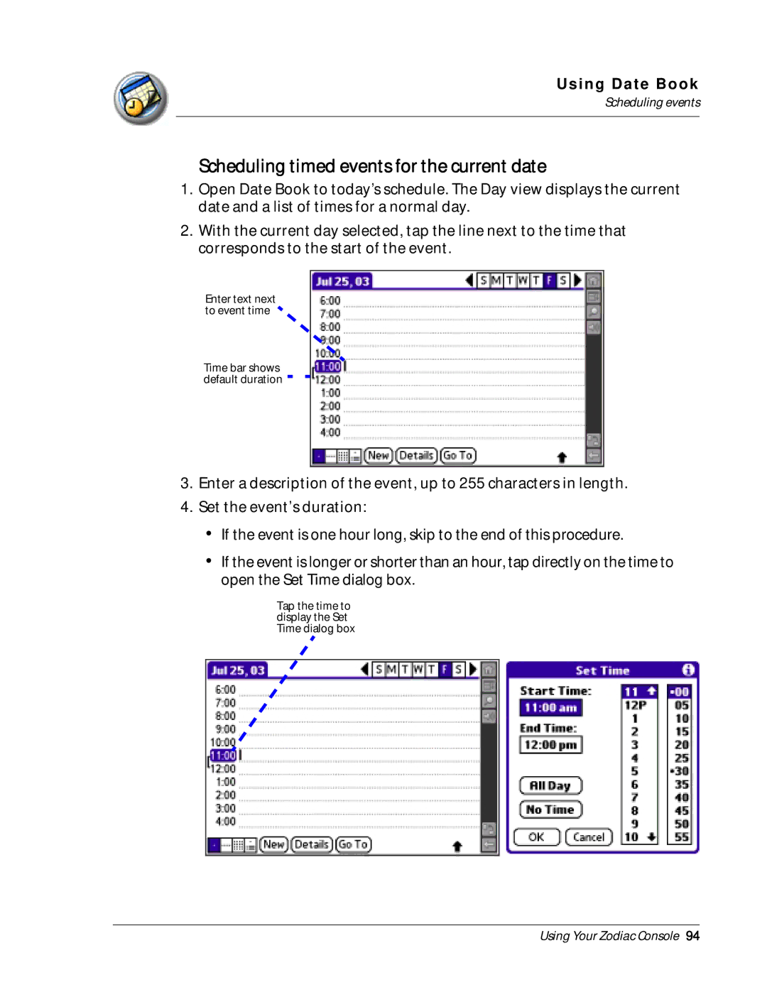 Palm Zodiac manual Scheduling timed events for the current date 