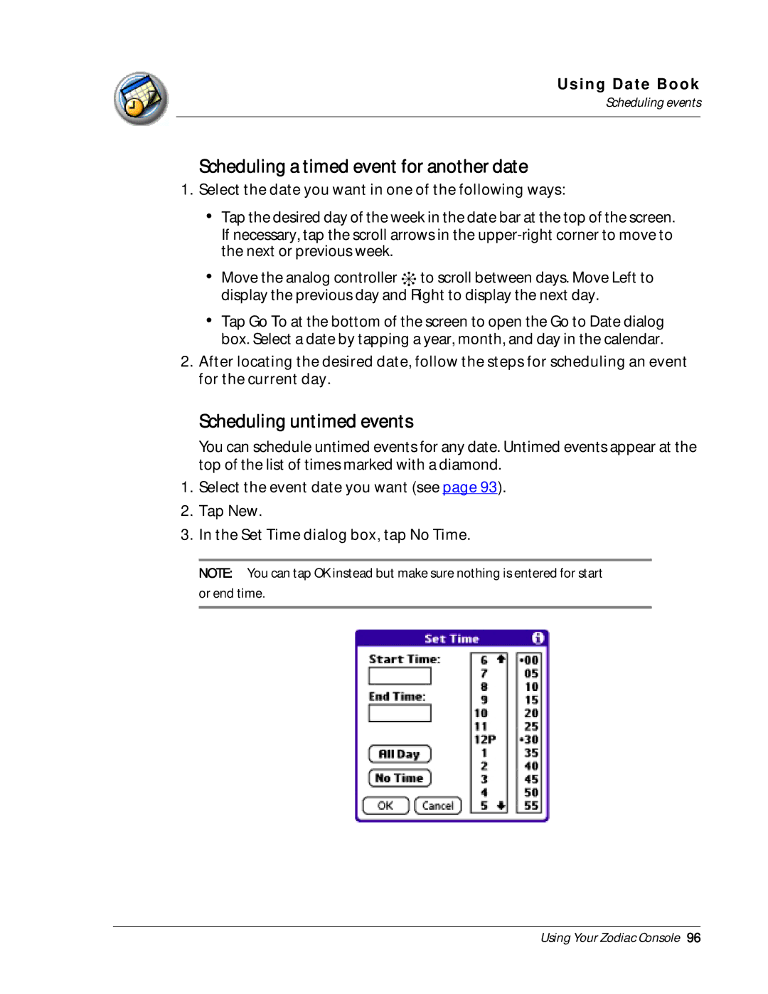 Palm Zodiac manual Scheduling a timed event for another date, Scheduling untimed events 