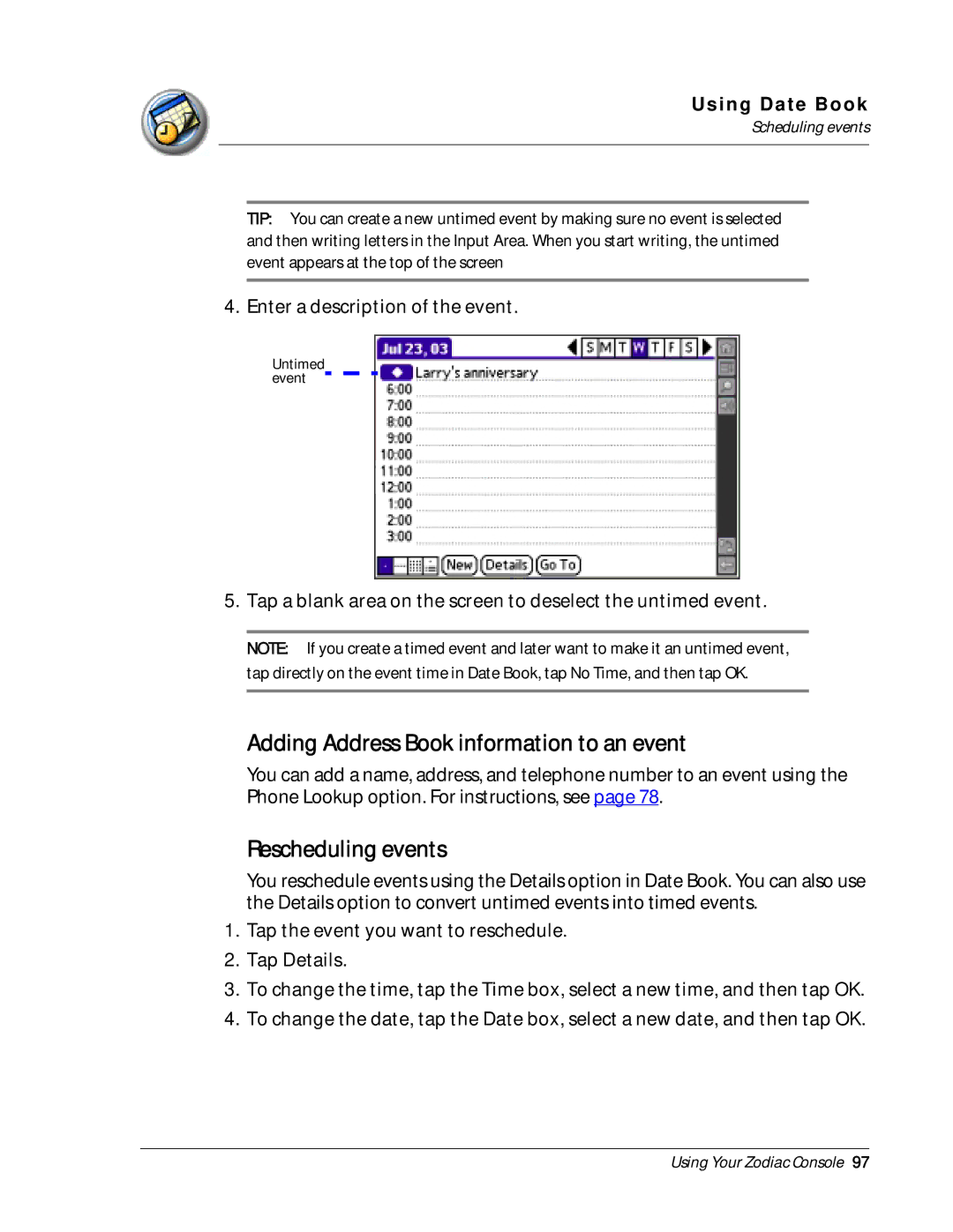 Palm Zodiac manual Adding Address Book information to an event, Rescheduling events 