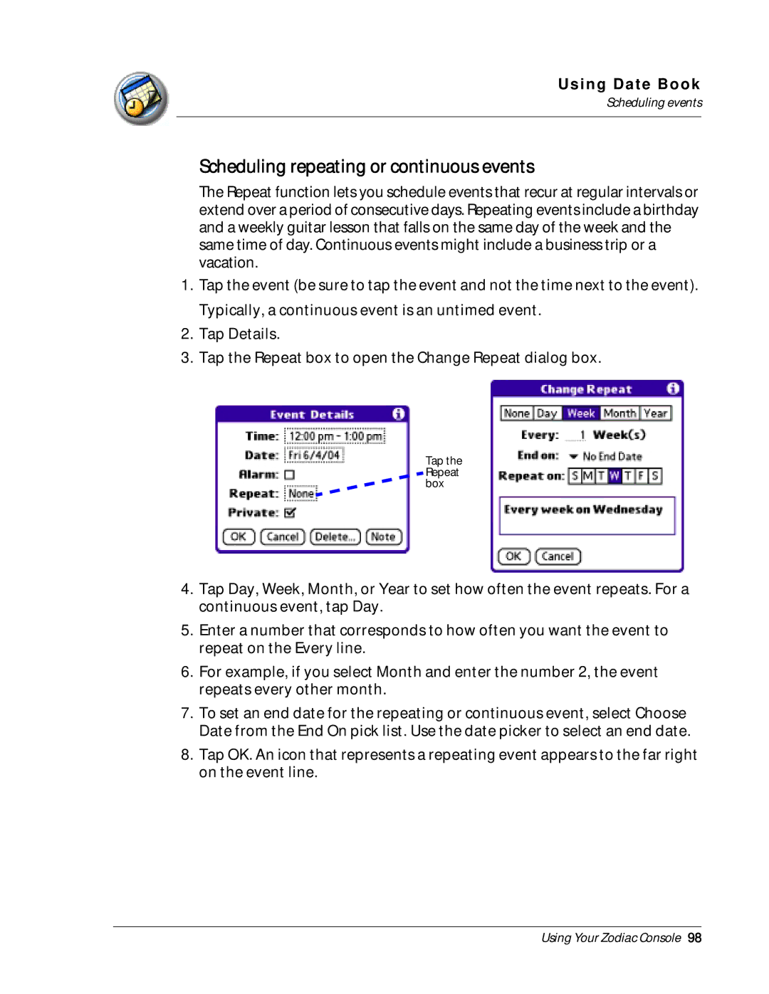 Palm Zodiac manual Scheduling repeating or continuous events 