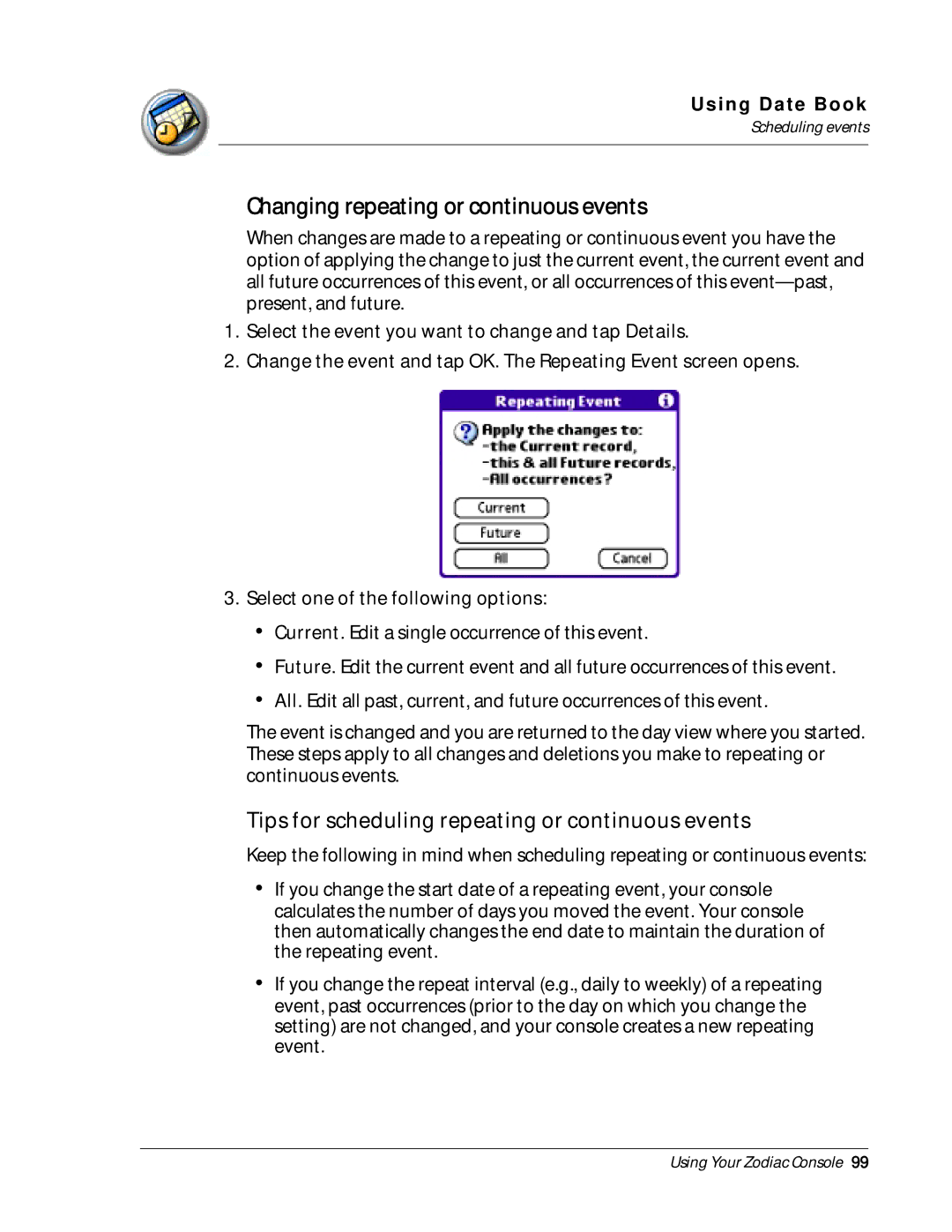 Palm Zodiac manual Changing repeating or continuous events, Tips for scheduling repeating or continuous events 