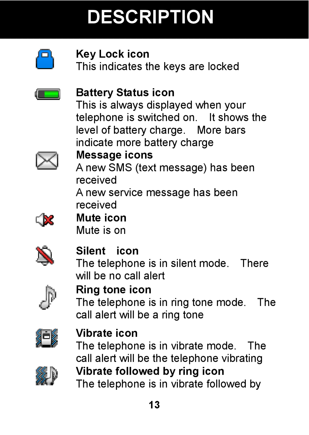 Pal/Pax PAL101 Key Lock icon, Battery Status icon, Message icons, Mute icon, Silent icon, Ring tone icon, Vibrate icon 