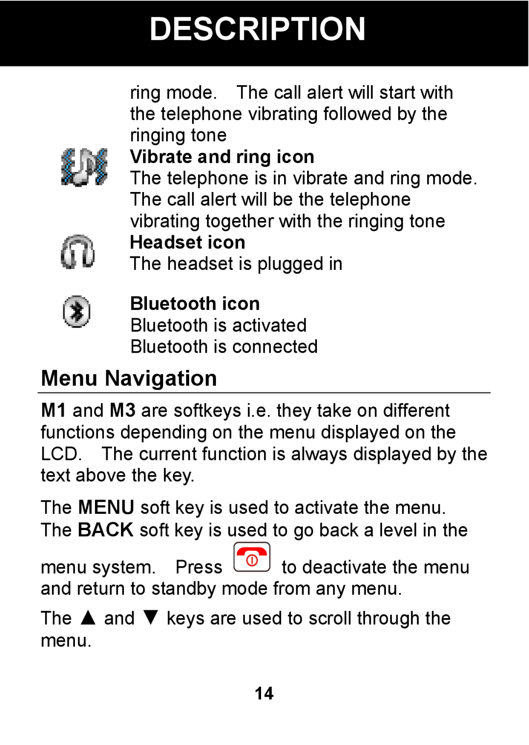 Pal/Pax PAL101 manual Menu Navigation, Vibrate and ring icon, Headset icon, Bluetooth icon 