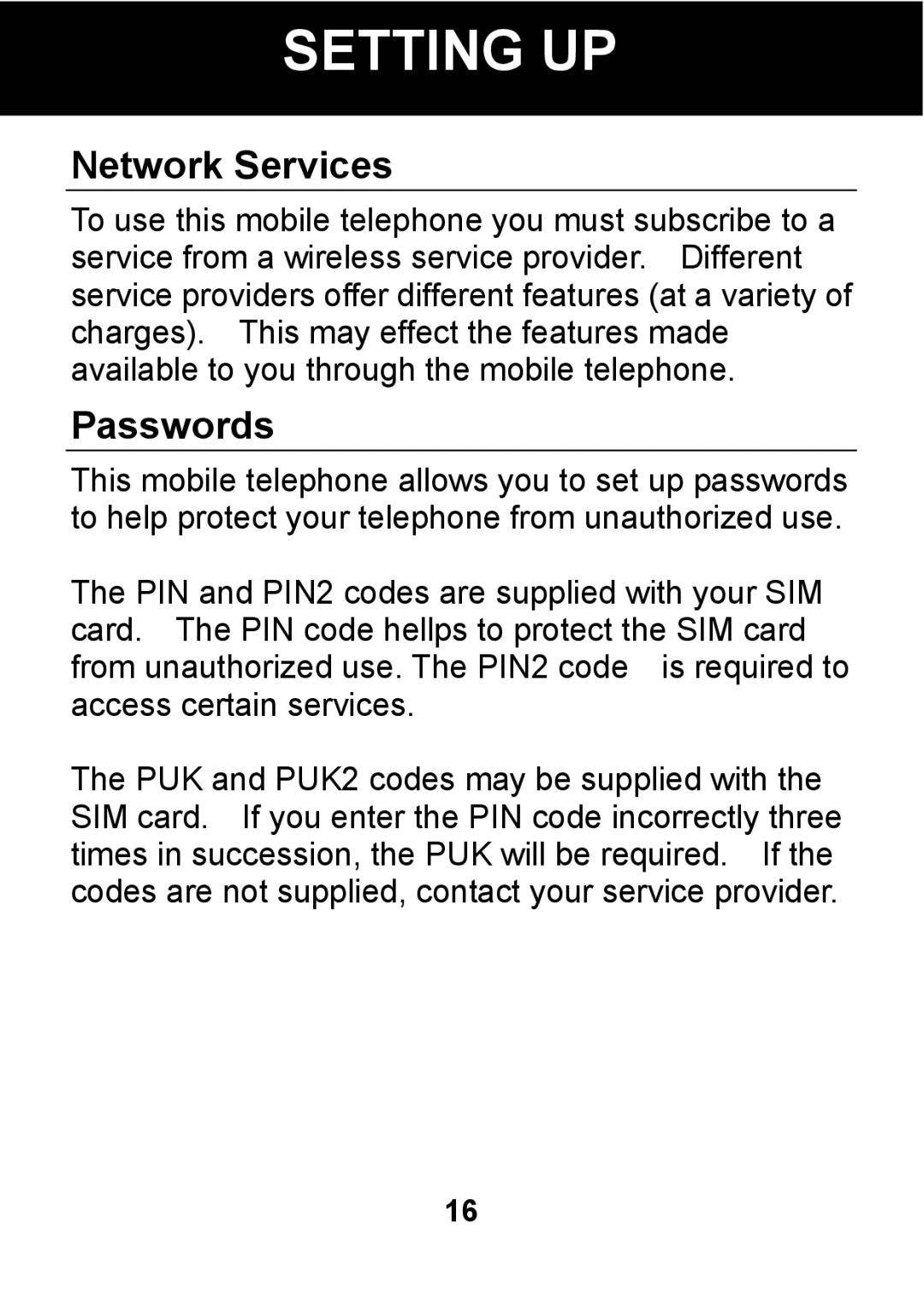 Pal/Pax PAL101 manual Setting UP, Network Services, Passwords 