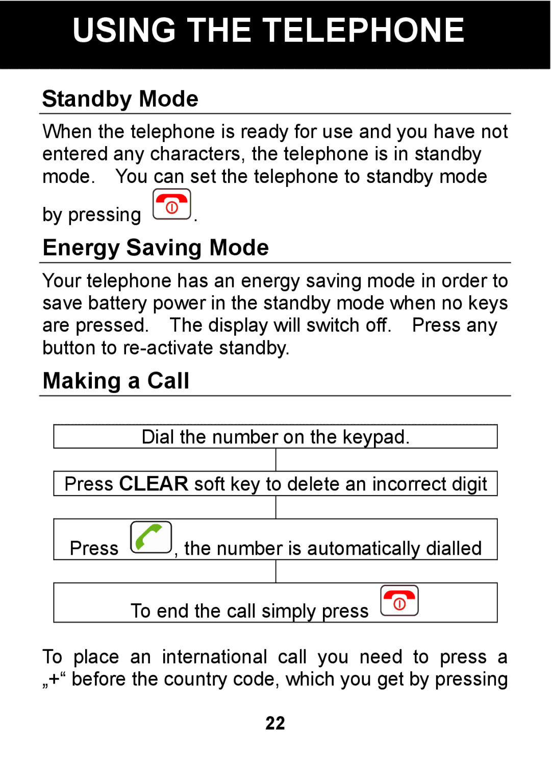 Pal/Pax PAL101 manual Using the Telephone, Standby Mode, Energy Saving Mode, Making a Call 