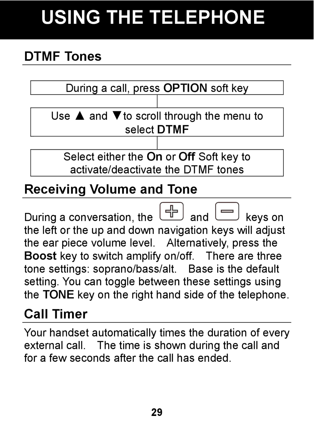Pal/Pax PAL101 manual Dtmf Tones, Receiving Volume and Tone, Call Timer 