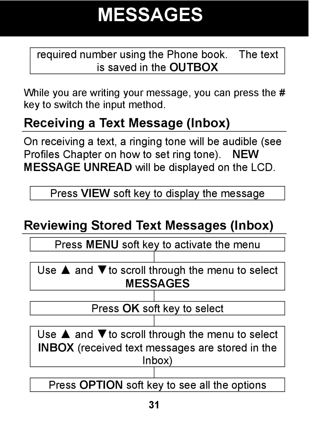 Pal/Pax PAL101 manual Receiving a Text Message Inbox, Reviewing Stored Text Messages Inbox 